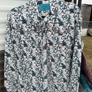 Women's Floral Button Down Shirt - Teal and White